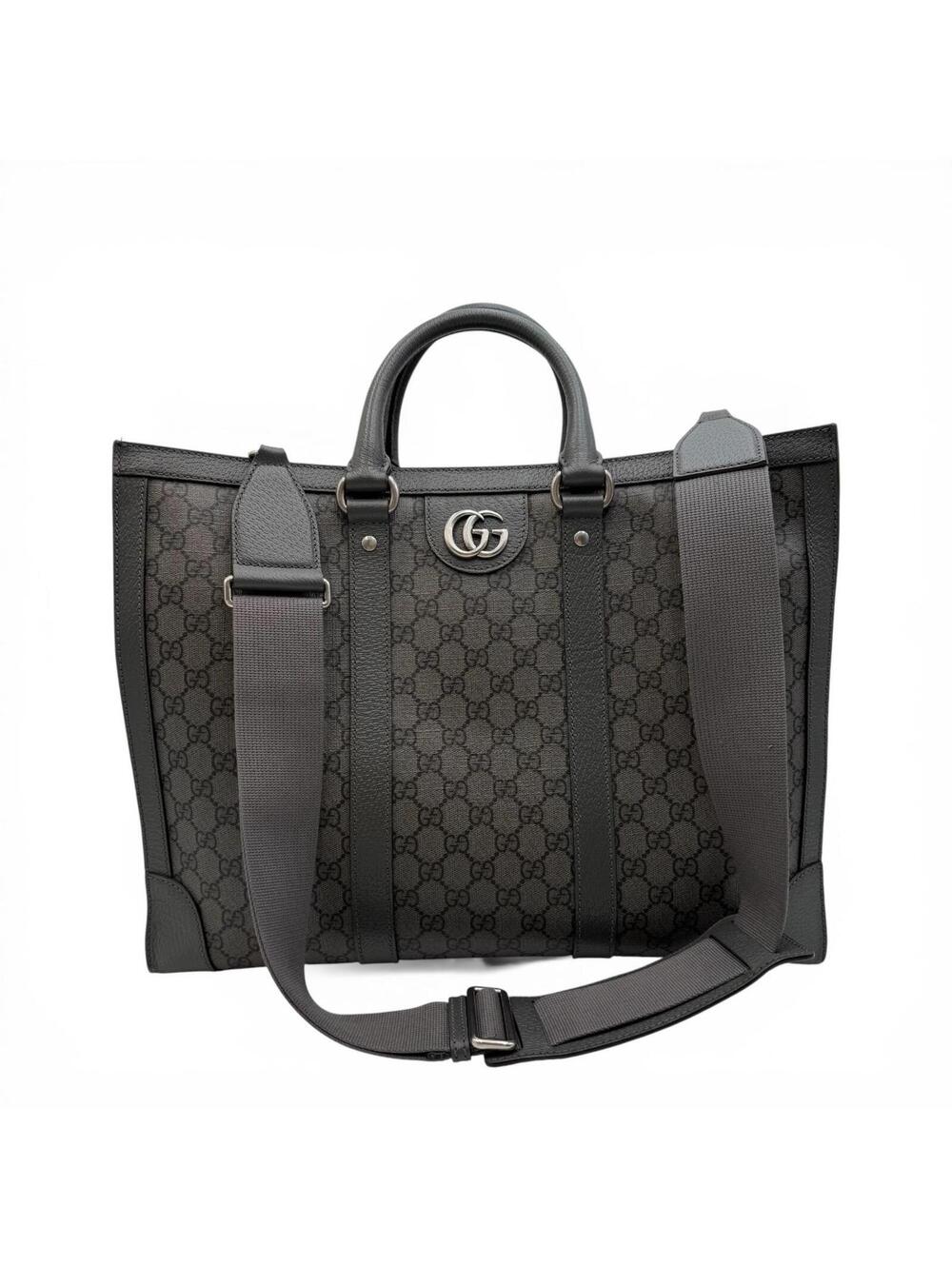 Gucci GG Supreme Monogram Tote Bag With Web Strap Gray Black - Picture 1 of 14